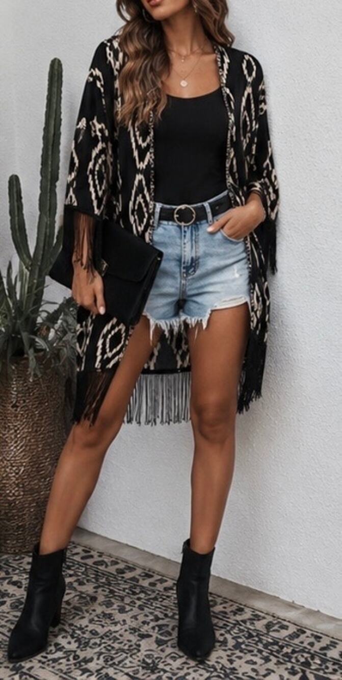 Rumors Kimono Light Beige Black Geometric Fringe Boho Western Festival Duster